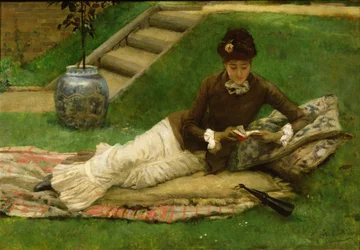 La novela, una dama en un jardín leyendo un libro